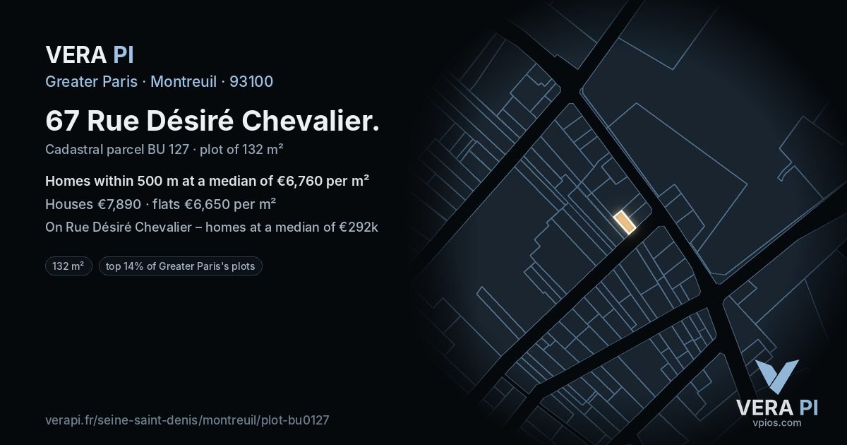 67 Rue Désiré Chevalier, Montreuil at night – the plot lit, the parcels around coloured by the prices near them
