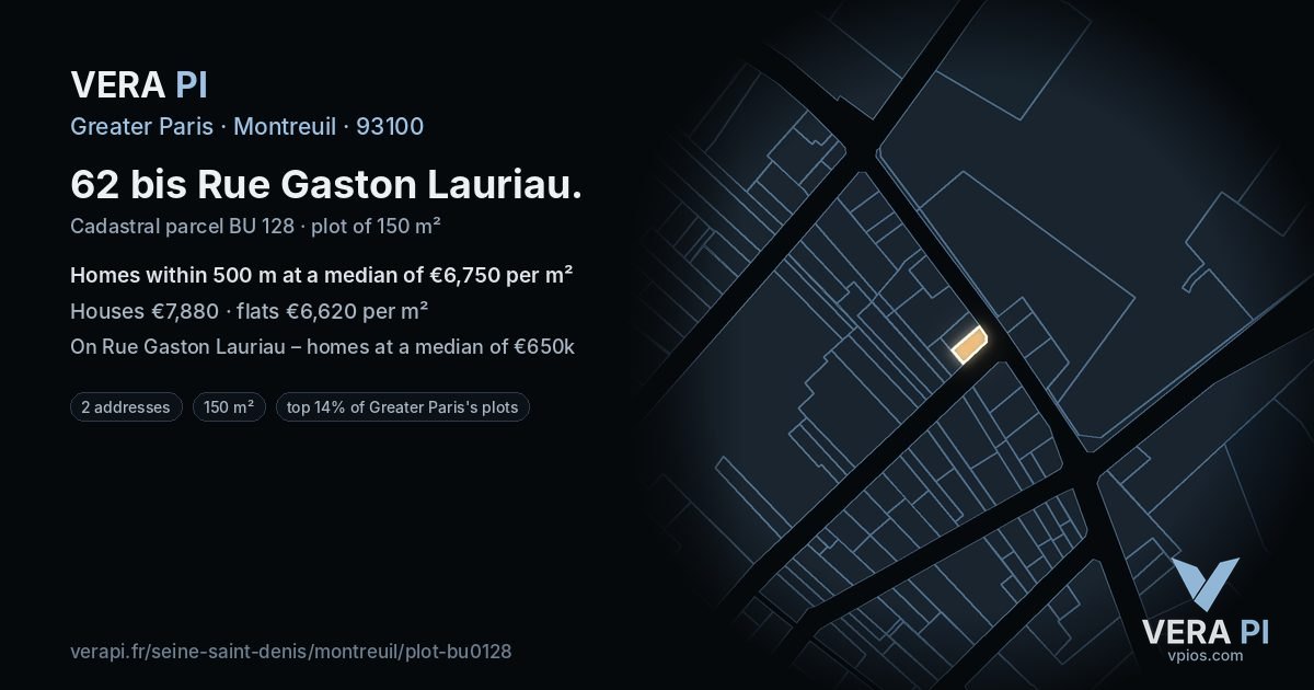 62 bis Rue Gaston Lauriau, Montreuil at night – the plot lit, the parcels around coloured by the prices near them