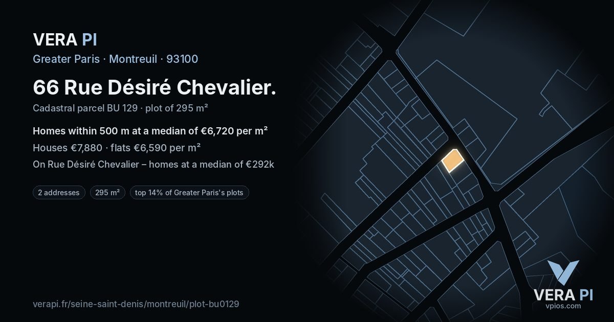 66 Rue Désiré Chevalier, Montreuil at night – the plot lit, the parcels around coloured by the prices near them