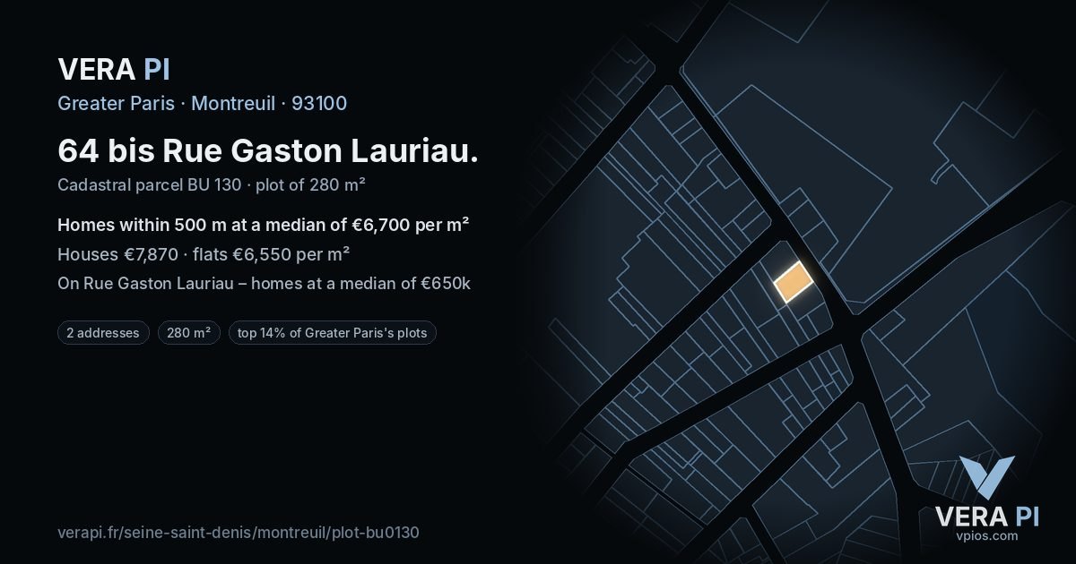 64 bis Rue Gaston Lauriau, Montreuil at night – the plot lit, the parcels around coloured by the prices near them