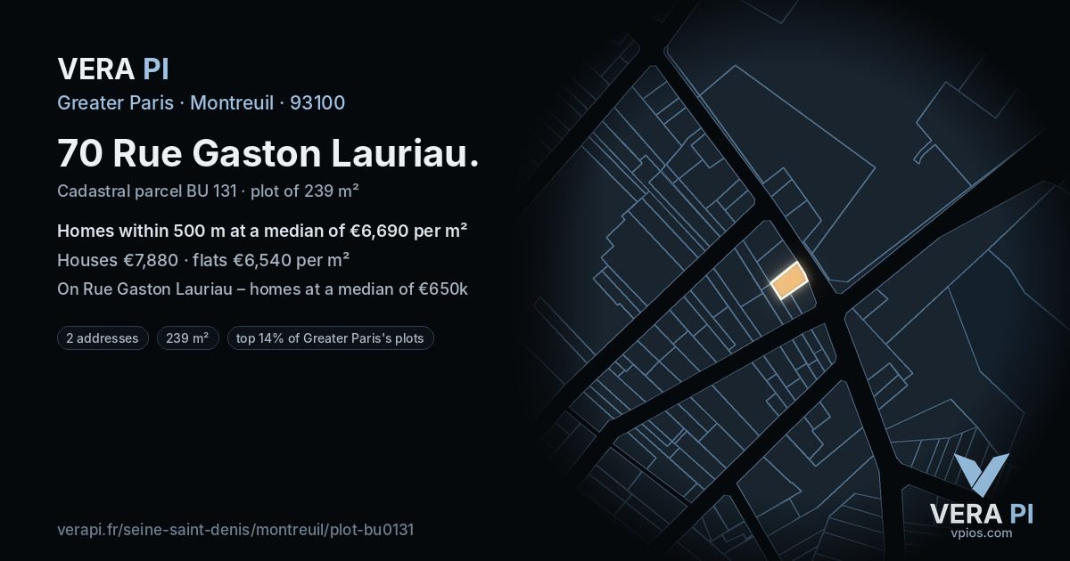 70 Rue Gaston Lauriau, Montreuil at night – the plot lit, the parcels around coloured by the prices near them