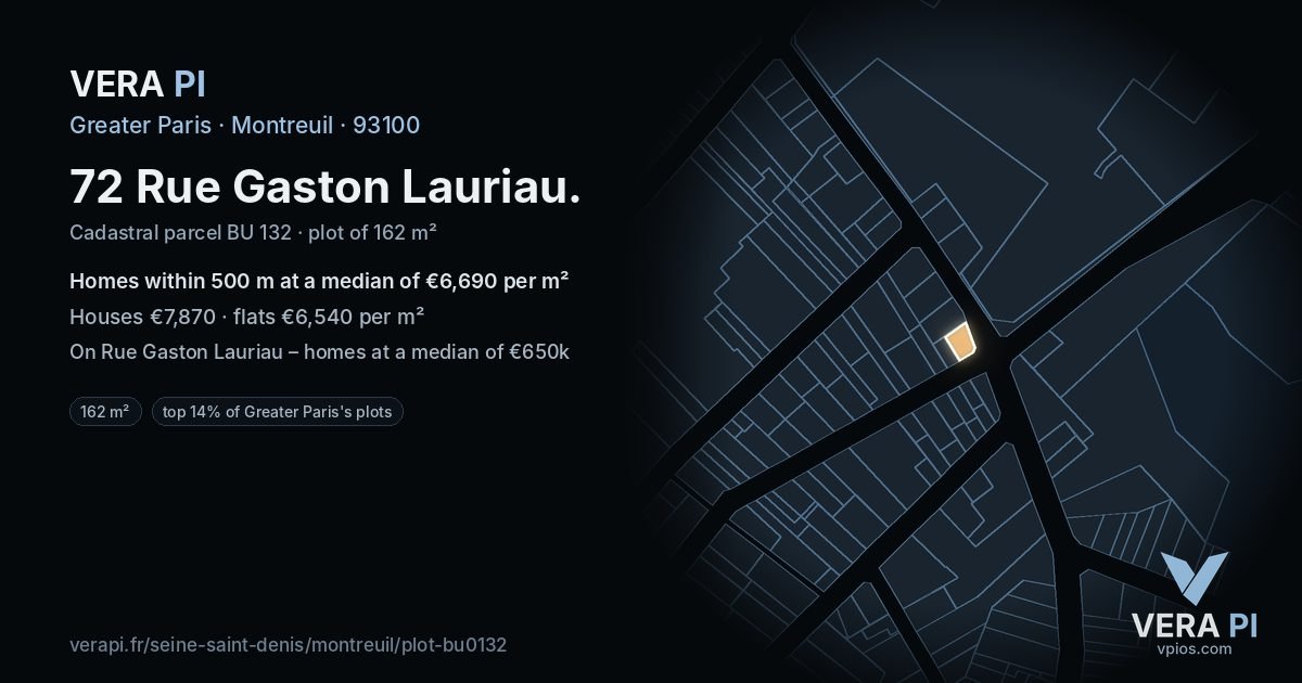 72 Rue Gaston Lauriau, Montreuil at night – the plot lit, the parcels around coloured by the prices near them