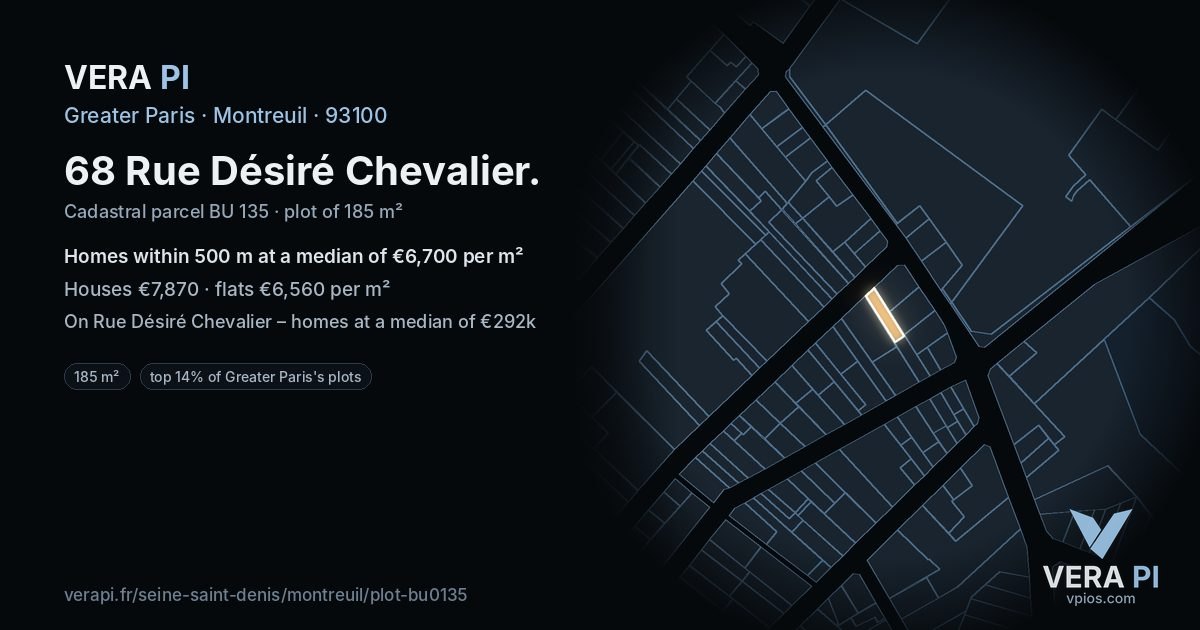 68 Rue Désiré Chevalier, Montreuil at night – the plot lit, the parcels around coloured by the prices near them