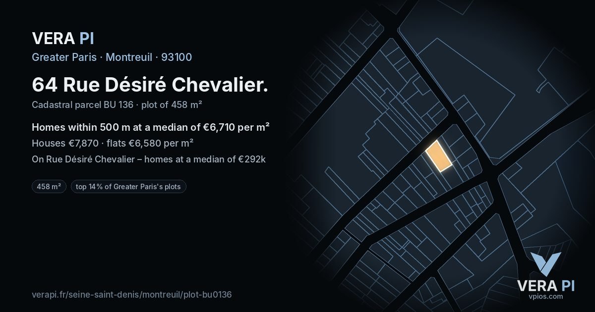64 Rue Désiré Chevalier, Montreuil at night – the plot lit, the parcels around coloured by the prices near them