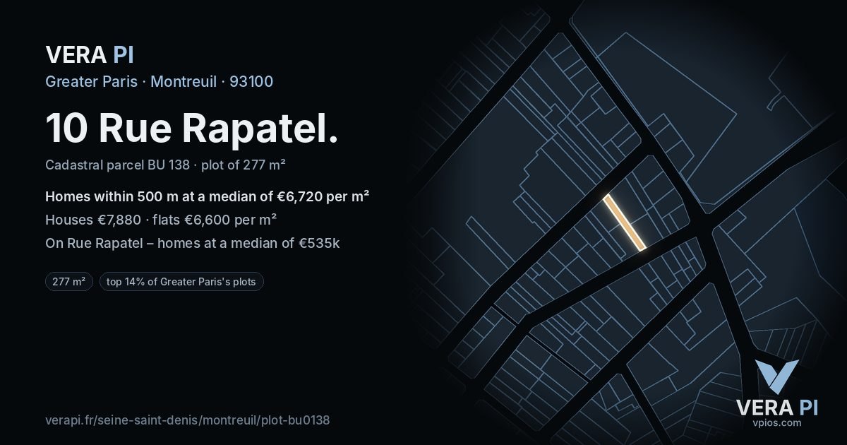 10 Rue Rapatel, Montreuil at night – the plot lit, the parcels around coloured by the prices near them
