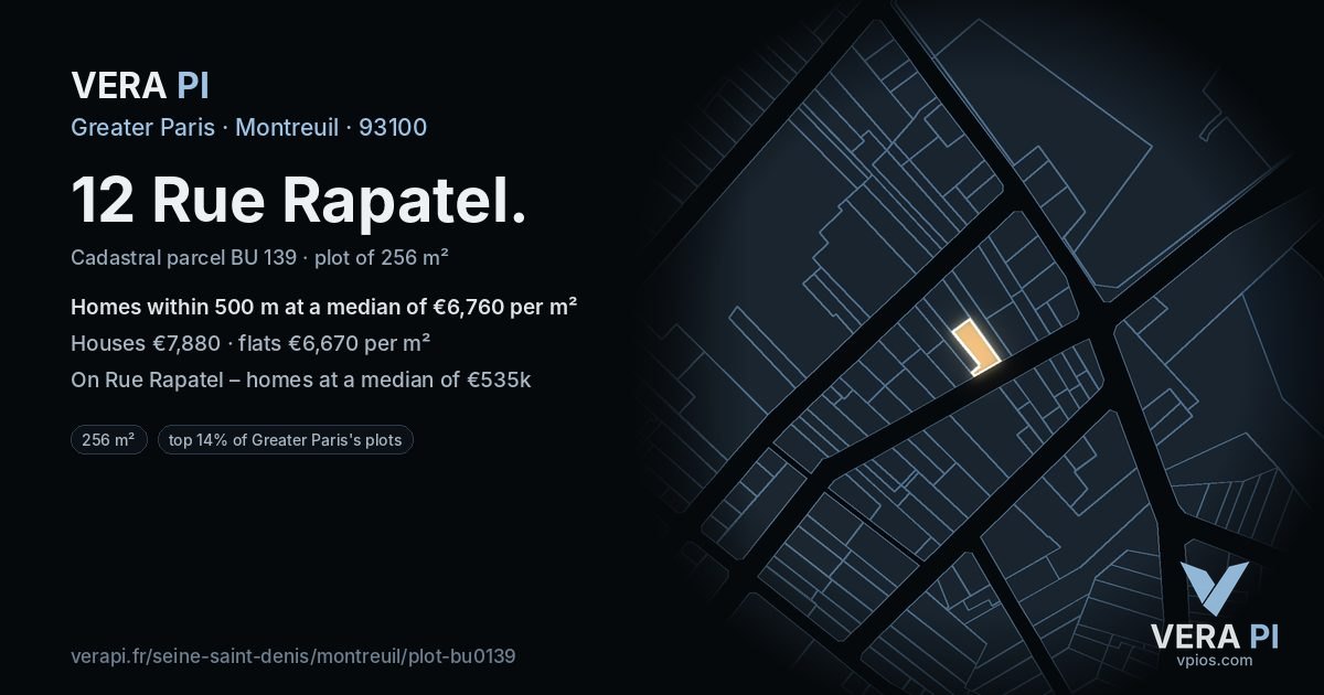 12 Rue Rapatel, Montreuil at night – the plot lit, the parcels around coloured by the prices near them