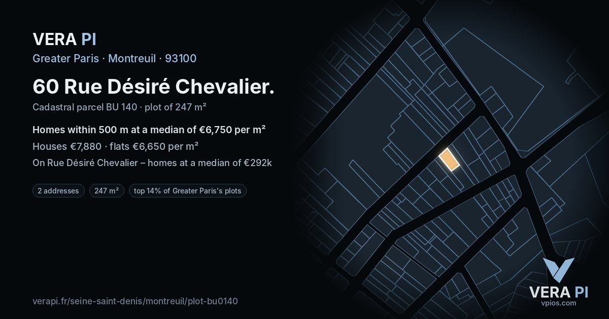60 Rue Désiré Chevalier, Montreuil at night – the plot lit, the parcels around coloured by the prices near them