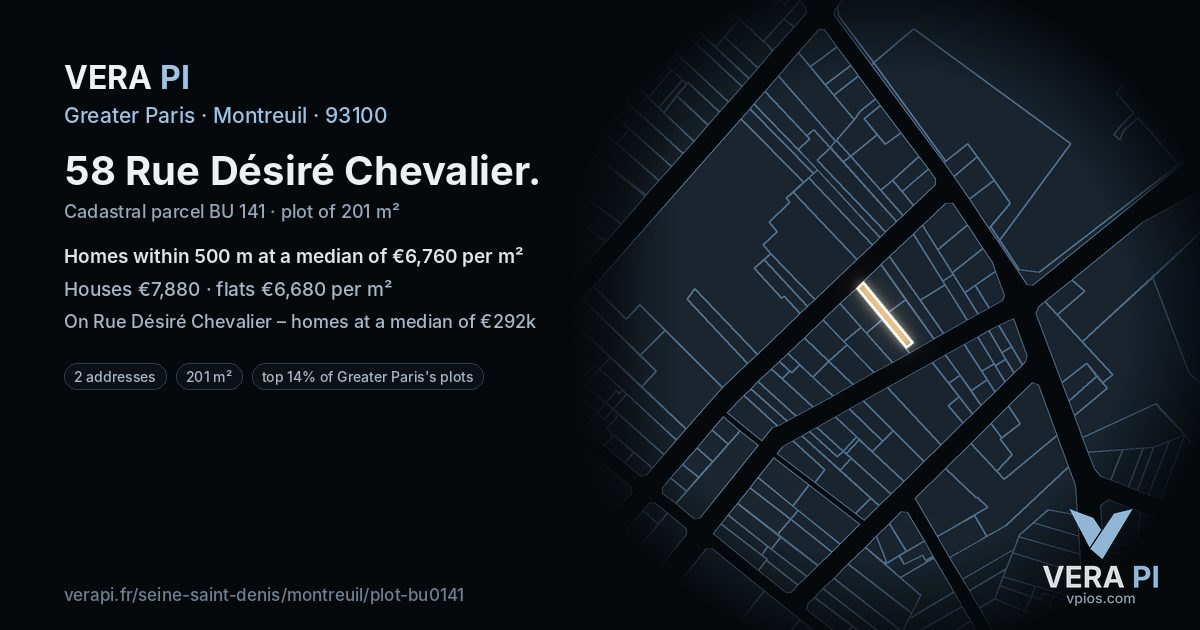 58 Rue Désiré Chevalier, Montreuil at night – the plot lit, the parcels around coloured by the prices near them