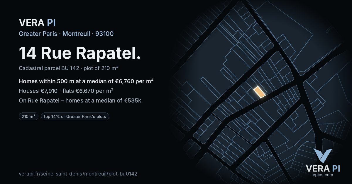 14 Rue Rapatel, Montreuil at night – the plot lit, the parcels around coloured by the prices near them