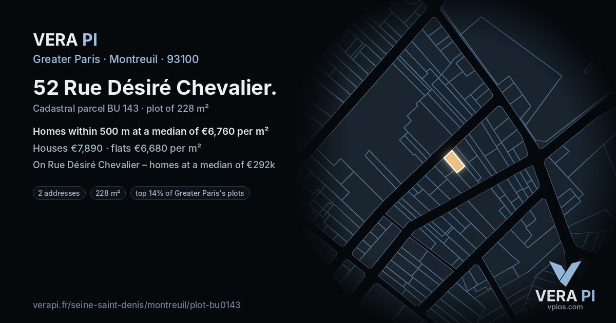 52 Rue Désiré Chevalier, Montreuil at night – the plot lit, the parcels around coloured by the prices near them