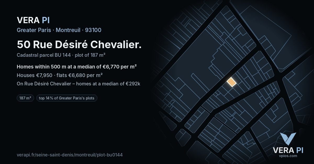 50 Rue Désiré Chevalier, Montreuil at night – the plot lit, the parcels around coloured by the prices near them
