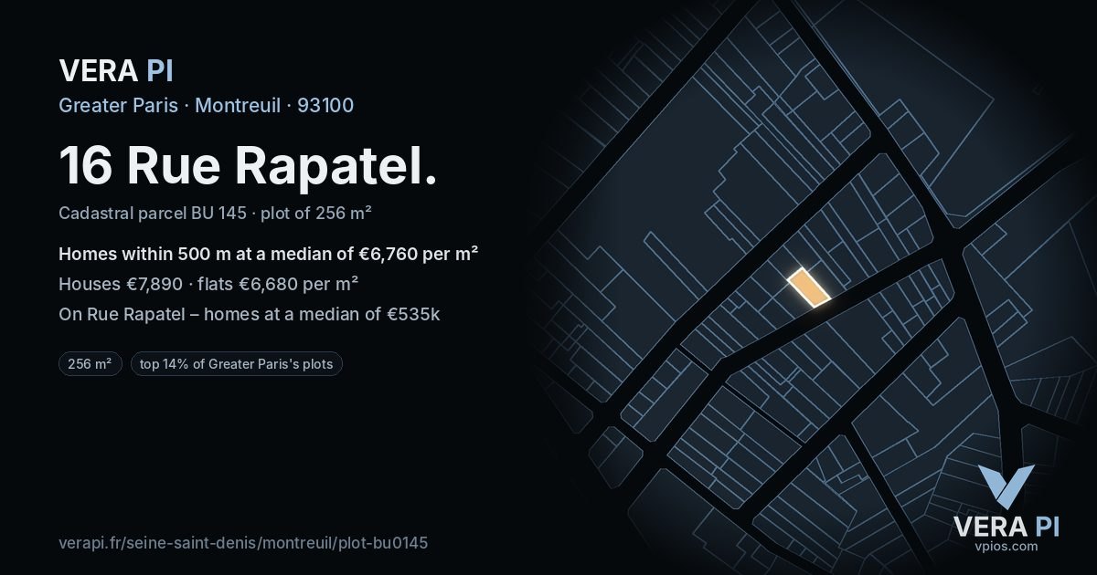 16 Rue Rapatel, Montreuil at night – the plot lit, the parcels around coloured by the prices near them
