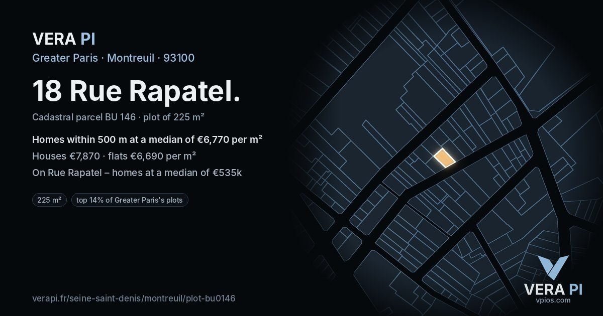 18 Rue Rapatel, Montreuil at night – the plot lit, the parcels around coloured by the prices near them