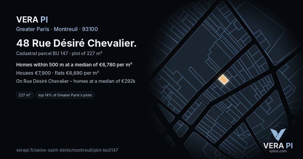 48 Rue Désiré Chevalier, Montreuil at night – the plot lit, the parcels around coloured by the prices near them