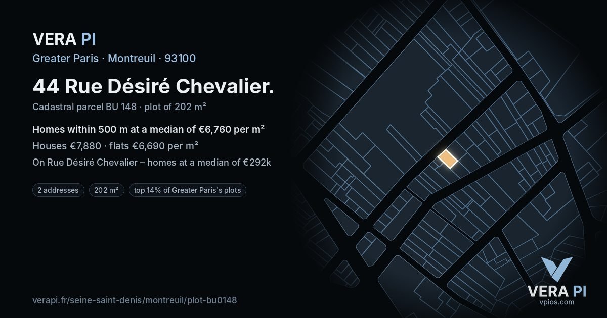 44 Rue Désiré Chevalier, Montreuil at night – the plot lit, the parcels around coloured by the prices near them