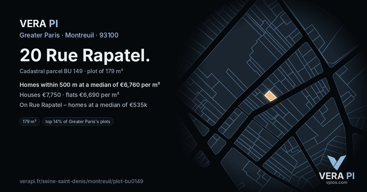 20 Rue Rapatel, Montreuil at night – the plot lit, the parcels around coloured by the prices near them