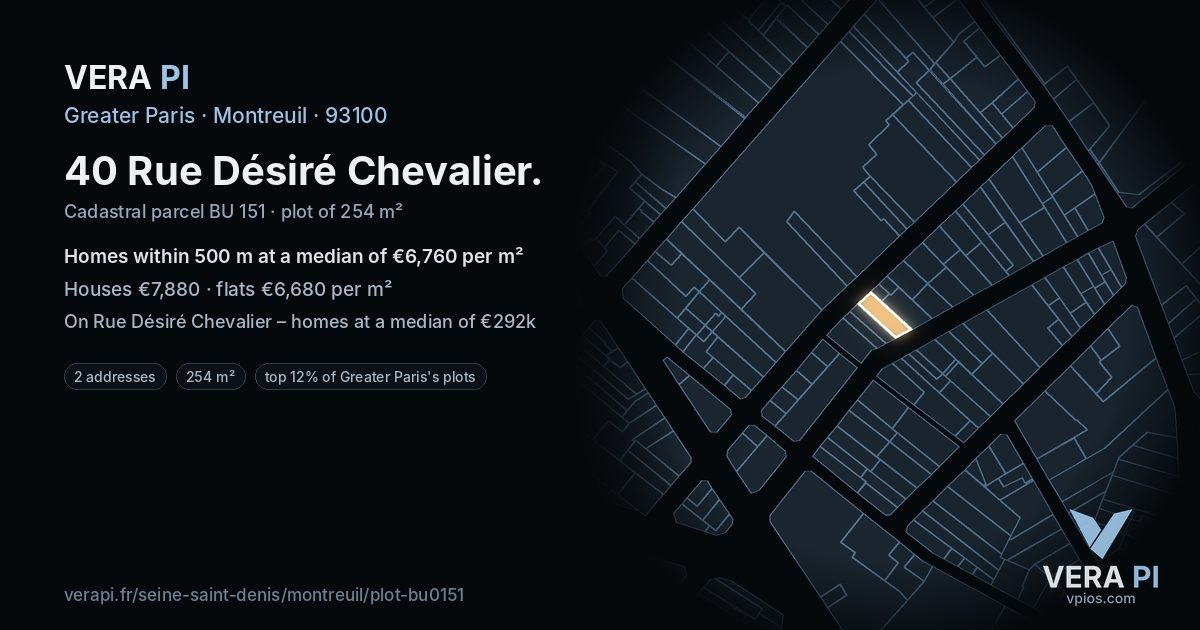 40 Rue Désiré Chevalier, Montreuil at night – the plot lit, the parcels around coloured by the prices near them