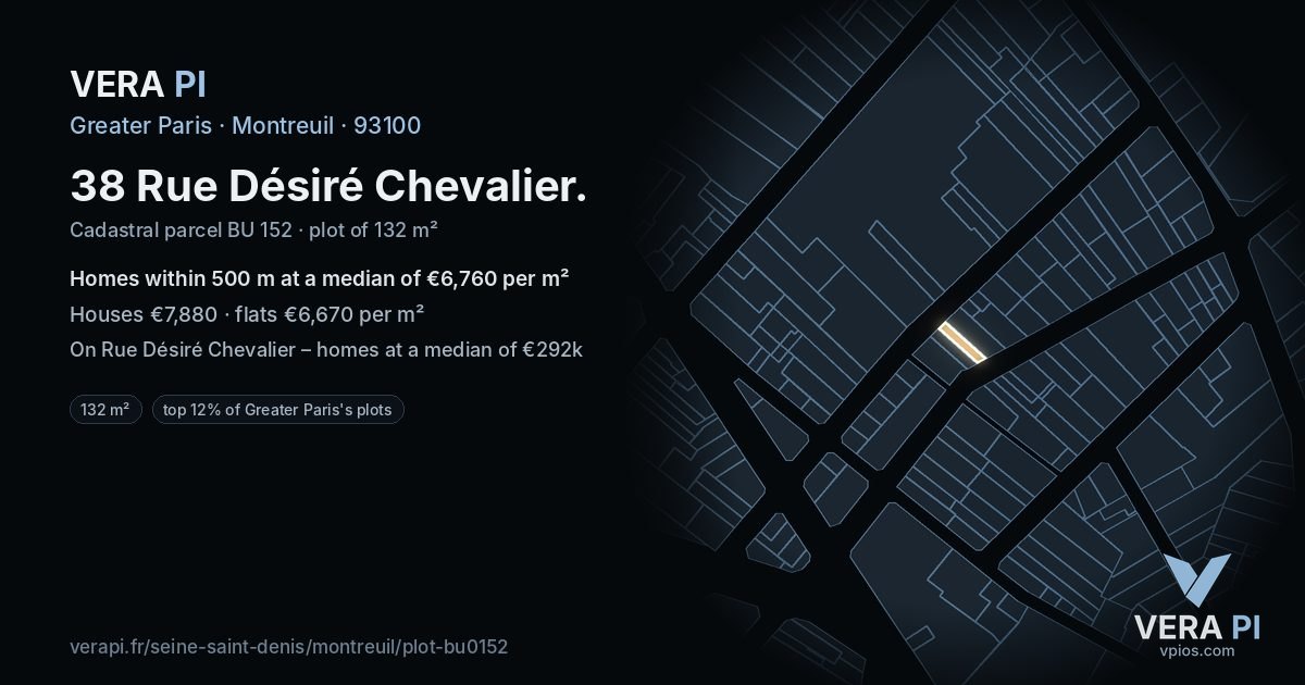 38 Rue Désiré Chevalier, Montreuil at night – the plot lit, the parcels around coloured by the prices near them
