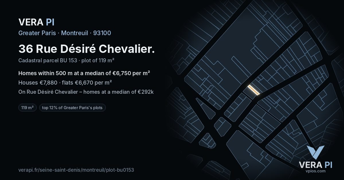 36 Rue Désiré Chevalier, Montreuil at night – the plot lit, the parcels around coloured by the prices near them