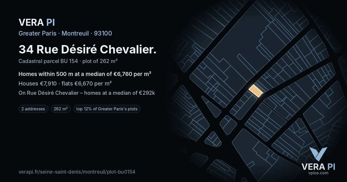 34 Rue Désiré Chevalier, Montreuil at night – the plot lit, the parcels around coloured by the prices near them