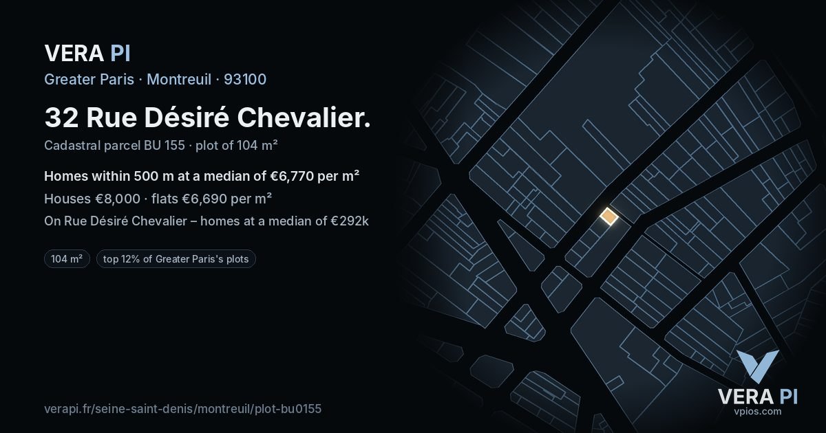32 Rue Désiré Chevalier, Montreuil at night – the plot lit, the parcels around coloured by the prices near them