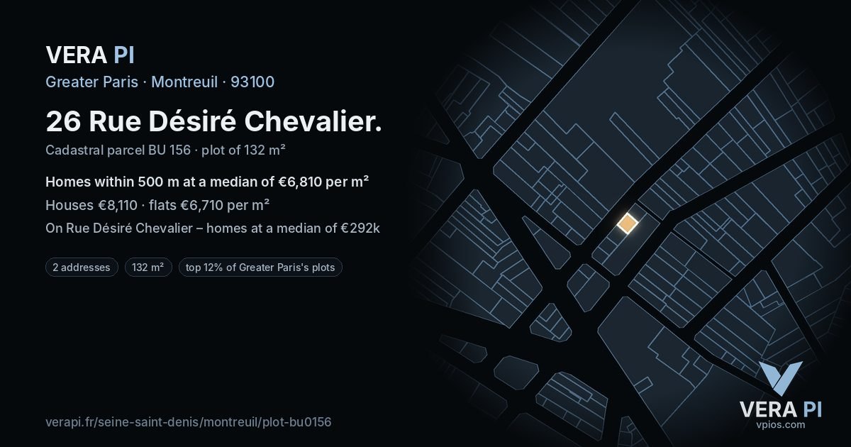 26 Rue Désiré Chevalier, Montreuil at night – the plot lit, the parcels around coloured by the prices near them