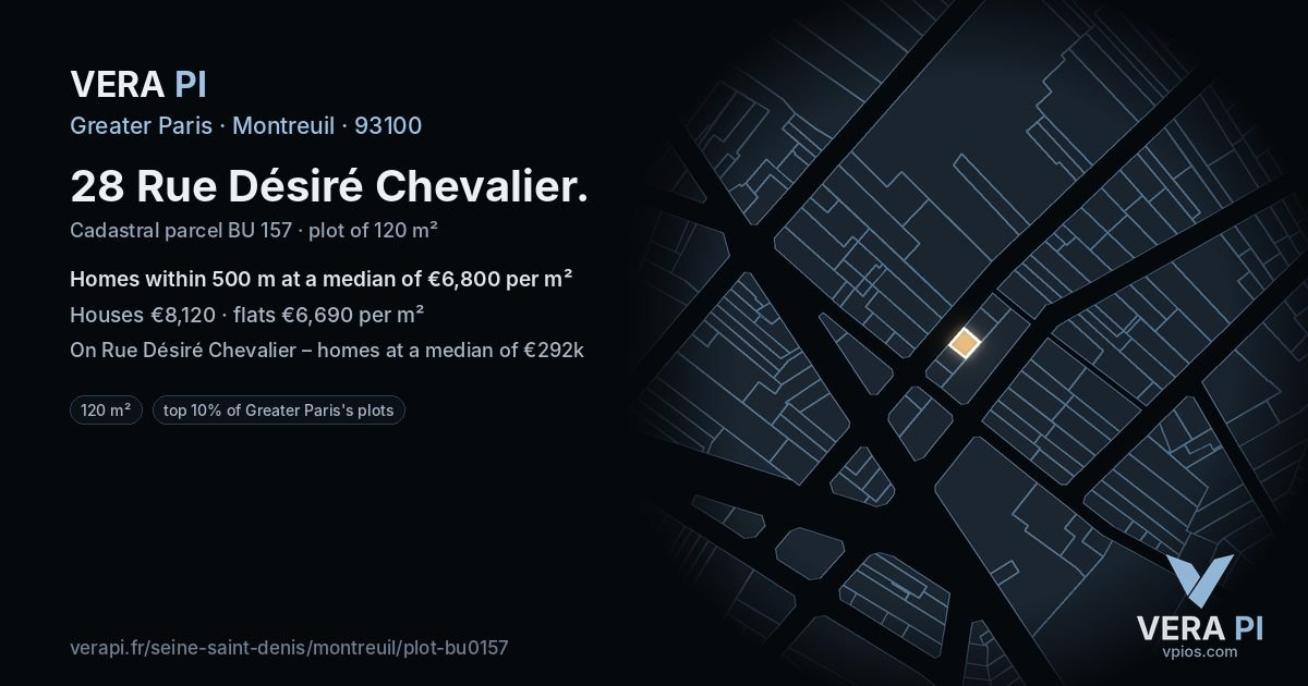 28 Rue Désiré Chevalier, Montreuil at night – the plot lit, the parcels around coloured by the prices near them