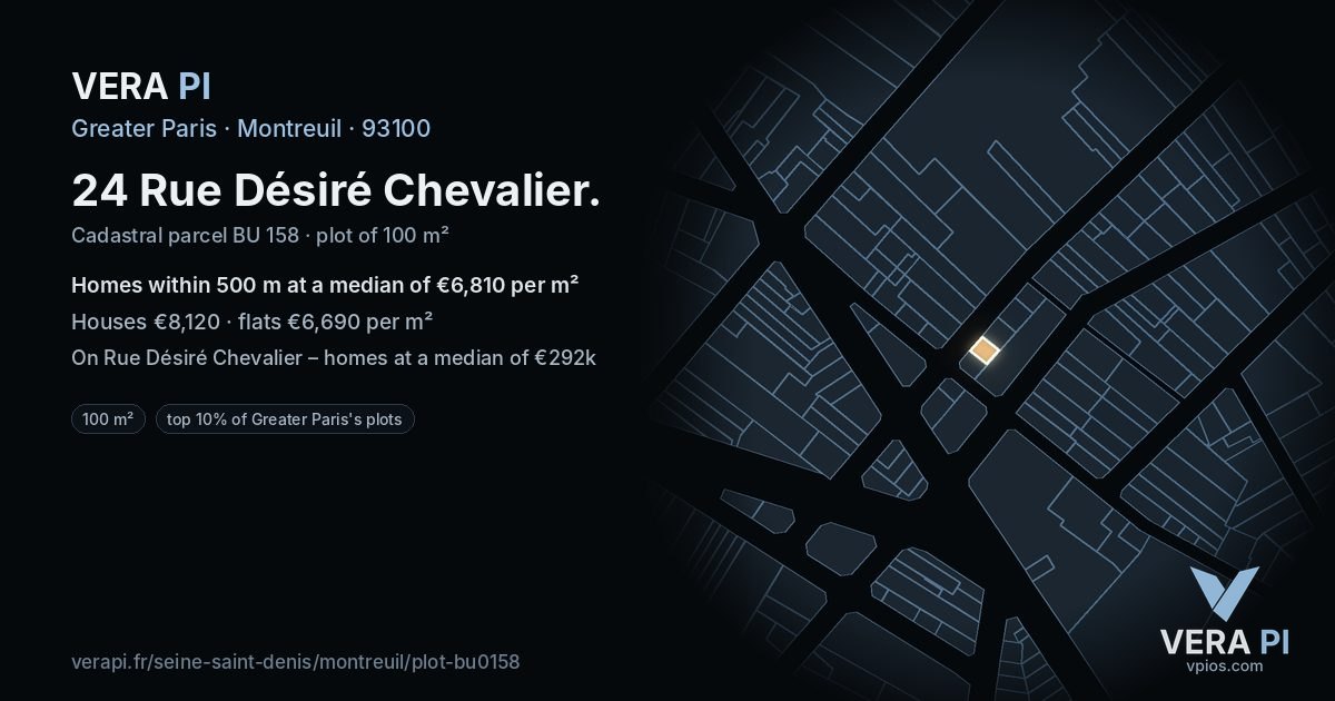 24 Rue Désiré Chevalier, Montreuil at night – the plot lit, the parcels around coloured by the prices near them