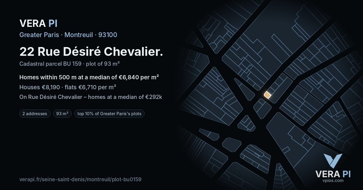 22 Rue Désiré Chevalier, Montreuil at night – the plot lit, the parcels around coloured by the prices near them