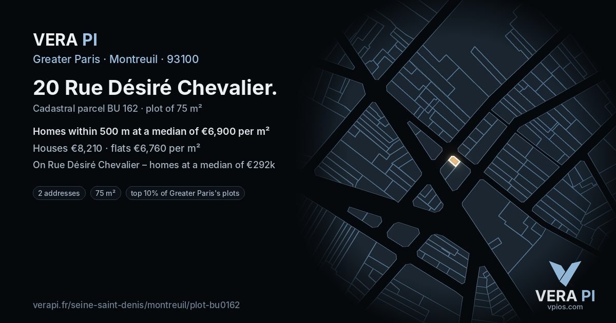20 Rue Désiré Chevalier, Montreuil at night – the plot lit, the parcels around coloured by the prices near them
