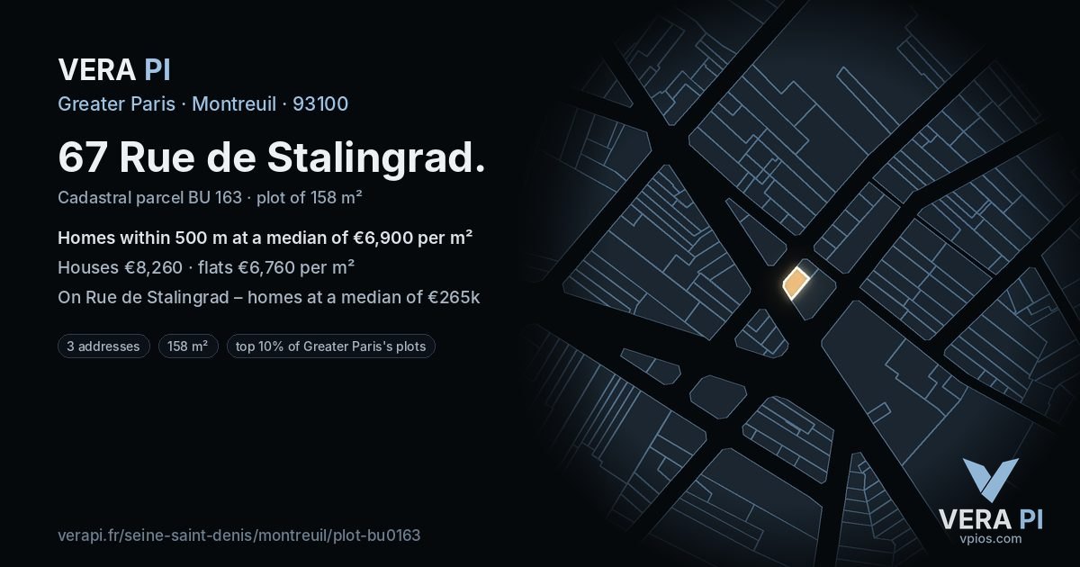 67 Rue de Stalingrad, Montreuil at night – the plot lit, the parcels around coloured by the prices near them