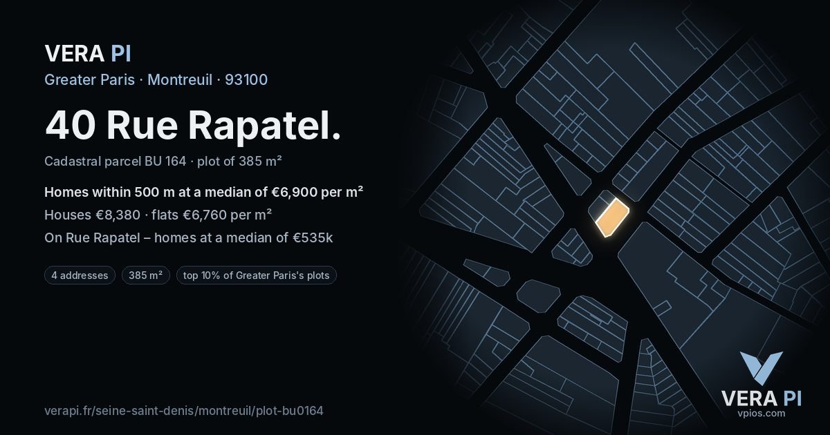 40 Rue Rapatel, Montreuil at night – the plot lit, the parcels around coloured by the prices near them