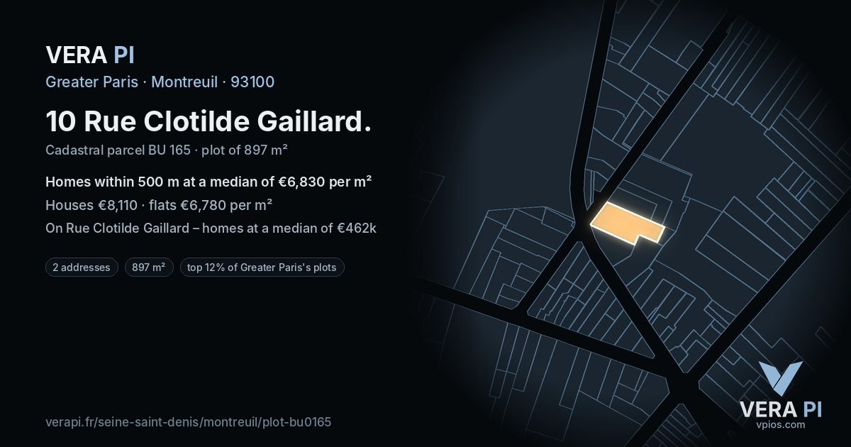 10 Rue Clotilde Gaillard, Montreuil at night – the plot lit, the parcels around coloured by the prices near them