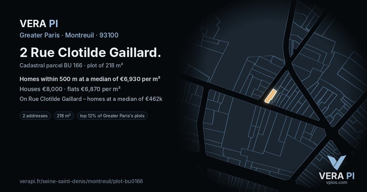 2 Rue Clotilde Gaillard, Montreuil at night – the plot lit, the parcels around coloured by the prices near them