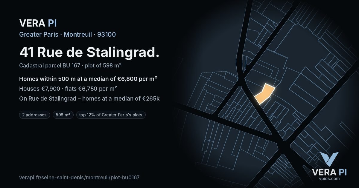 41 Rue de Stalingrad, Montreuil at night – the plot lit, the parcels around coloured by the prices near them