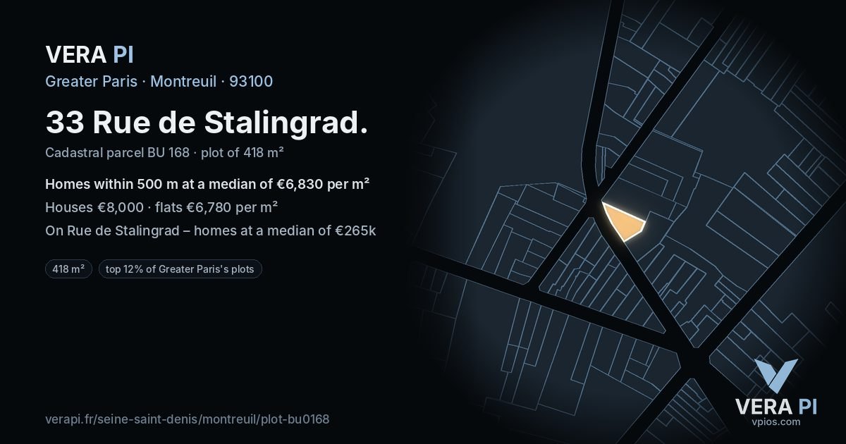 33 Rue de Stalingrad, Montreuil at night – the plot lit, the parcels around coloured by the prices near them