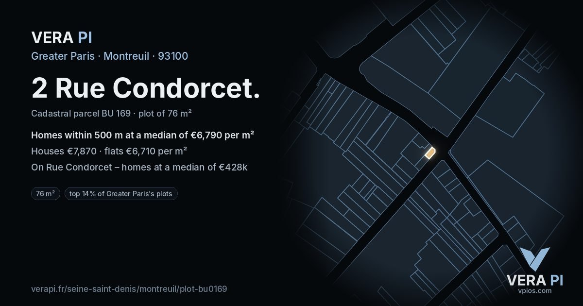 2 Rue Condorcet, Montreuil at night – the plot lit, the parcels around coloured by the prices near them