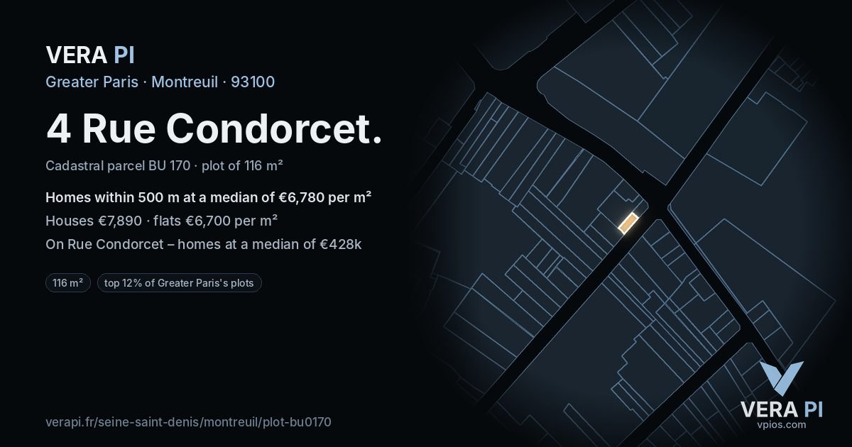 4 Rue Condorcet, Montreuil at night – the plot lit, the parcels around coloured by the prices near them