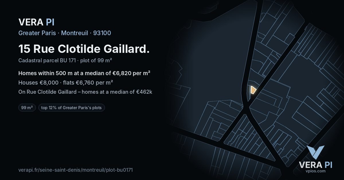 15 Rue Clotilde Gaillard, Montreuil at night – the plot lit, the parcels around coloured by the prices near them