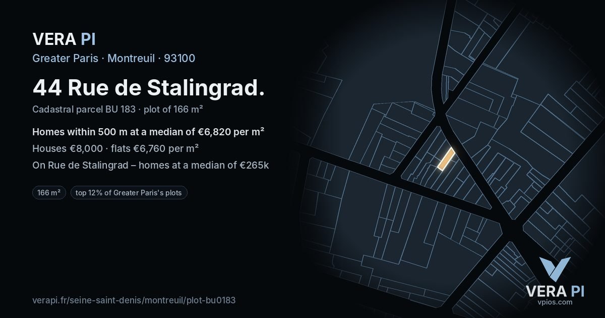 44 Rue de Stalingrad, Montreuil at night – the plot lit, the parcels around coloured by the prices near them