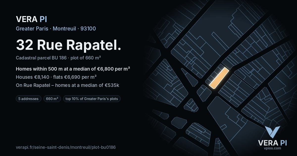 32 Rue Rapatel, Montreuil at night – the plot lit, the parcels around coloured by the prices near them