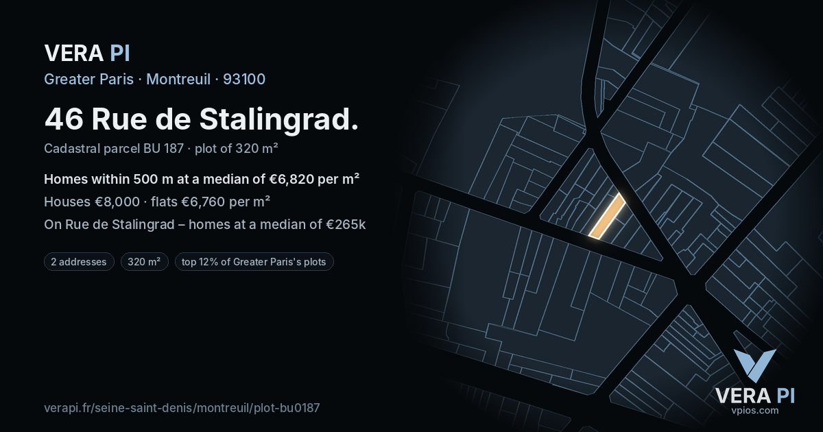 46 Rue de Stalingrad, Montreuil at night – the plot lit, the parcels around coloured by the prices near them