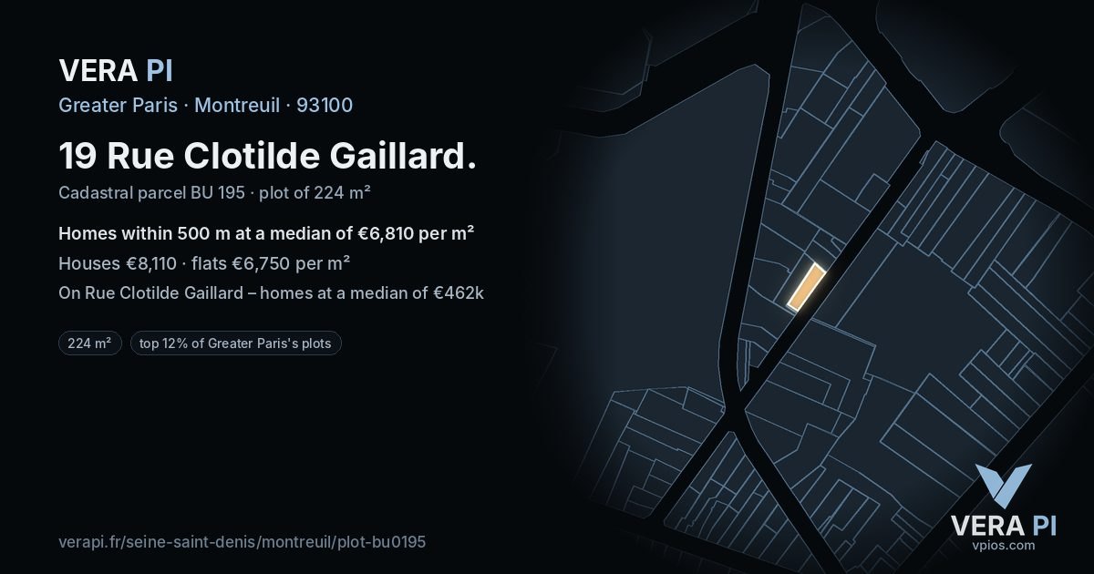 19 Rue Clotilde Gaillard, Montreuil at night – the plot lit, the parcels around coloured by the prices near them