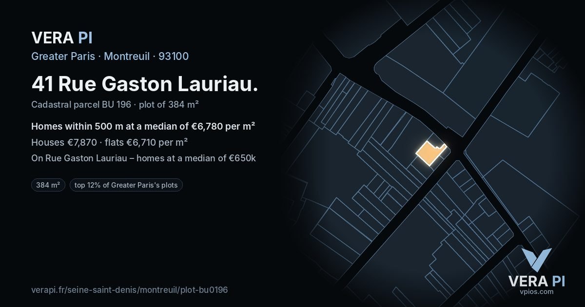 41 Rue Gaston Lauriau, Montreuil at night – the plot lit, the parcels around coloured by the prices near them