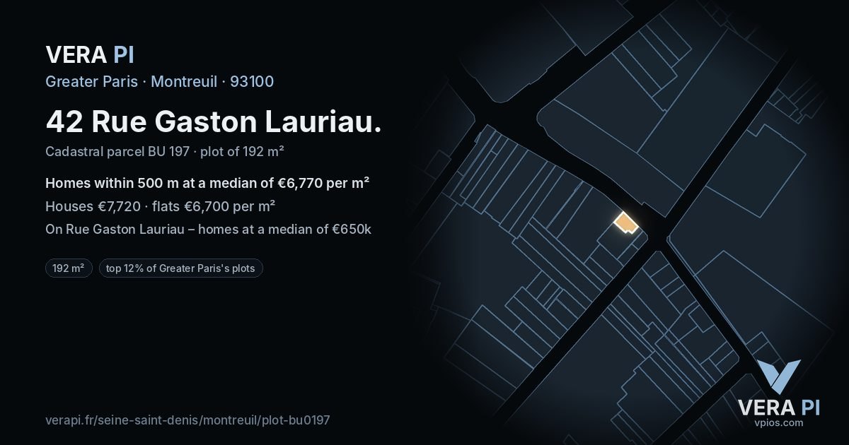42 Rue Gaston Lauriau, Montreuil at night – the plot lit, the parcels around coloured by the prices near them