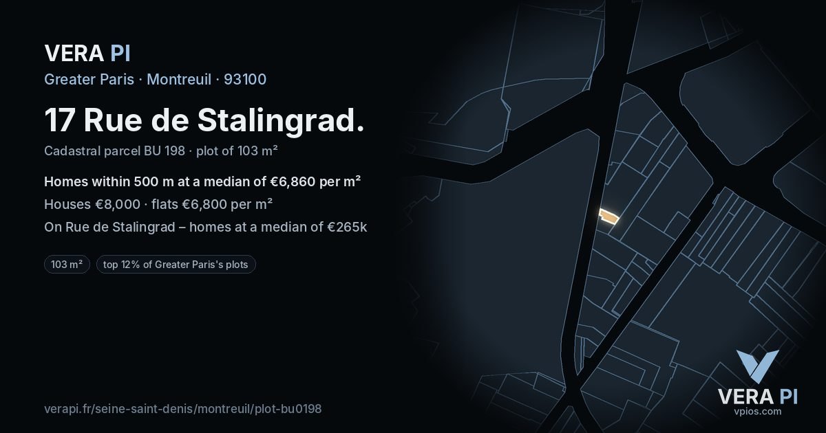 17 Rue de Stalingrad, Montreuil at night – the plot lit, the parcels around coloured by the prices near them