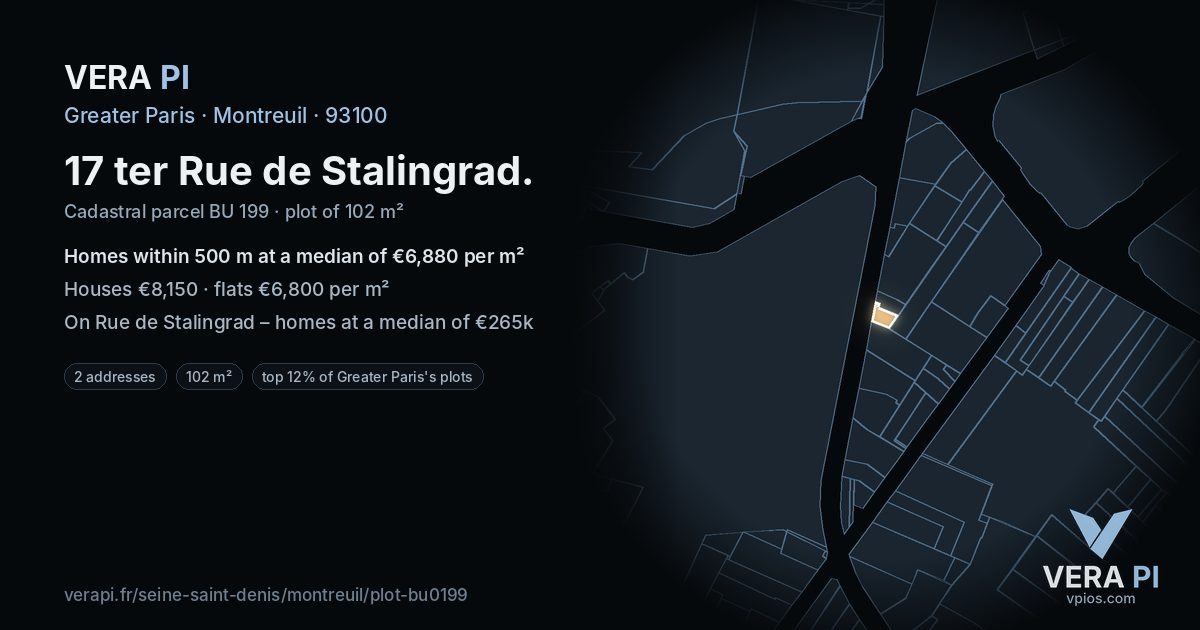17 ter Rue de Stalingrad, Montreuil at night – the plot lit, the parcels around coloured by the prices near them