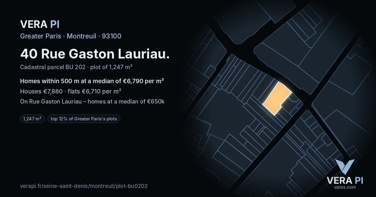40 Rue Gaston Lauriau, Montreuil at night – the plot lit, the parcels around coloured by the prices near them