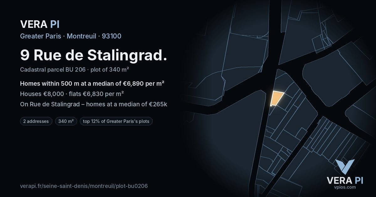 9 Rue de Stalingrad, Montreuil at night – the plot lit, the parcels around coloured by the prices near them
