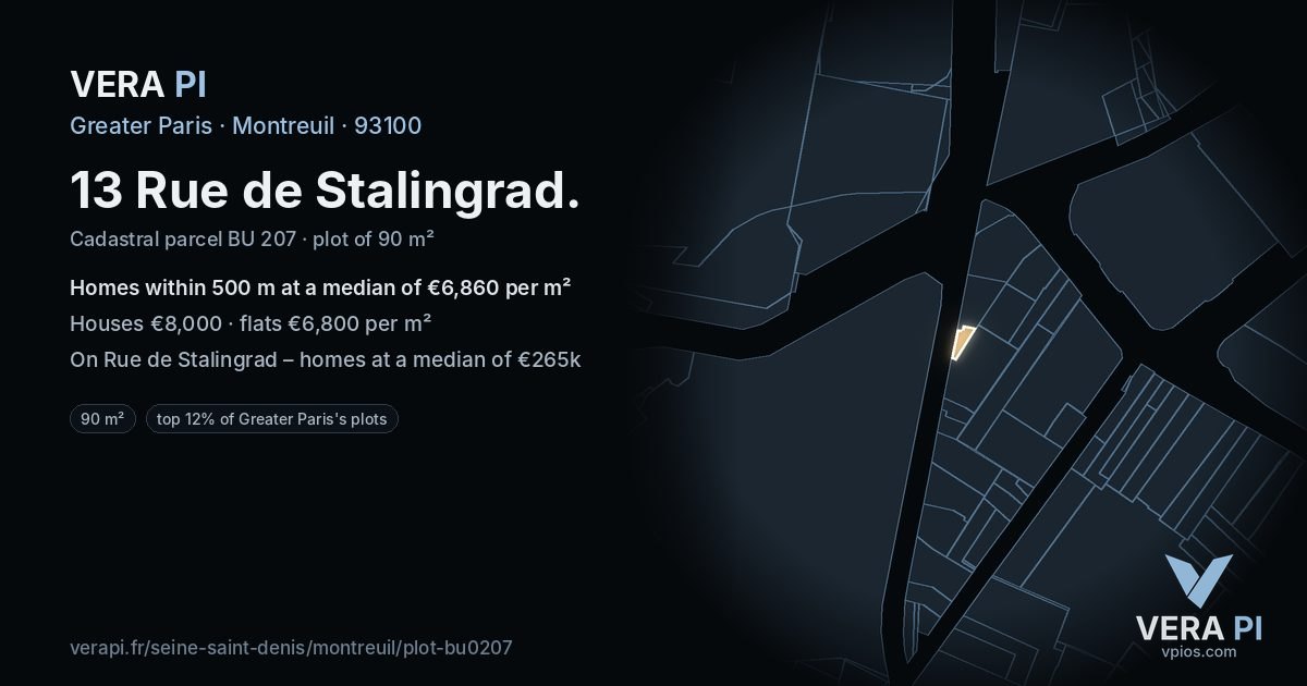 13 Rue de Stalingrad, Montreuil at night – the plot lit, the parcels around coloured by the prices near them